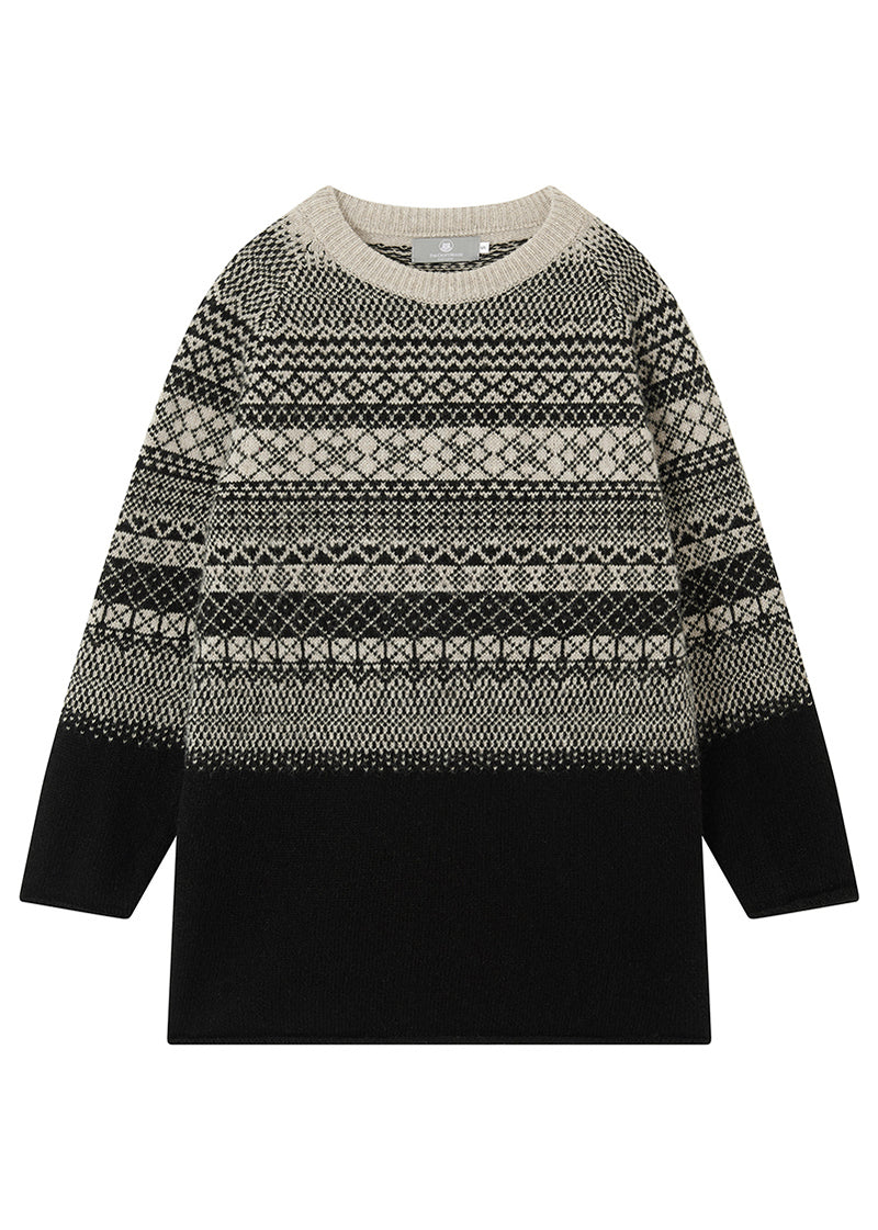 Black and putty beige fair isle tunic sweater on a white background