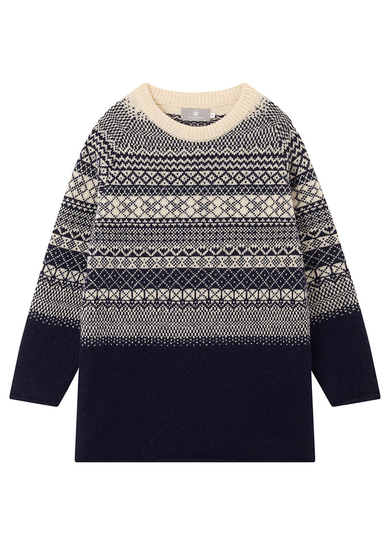 Navy tunic sweater with a fair isle design on a white background