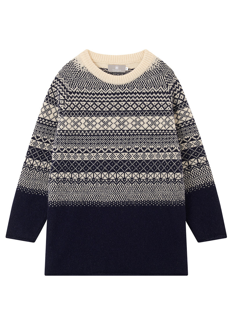 Navy tunic sweater with a fair isle design on a white background