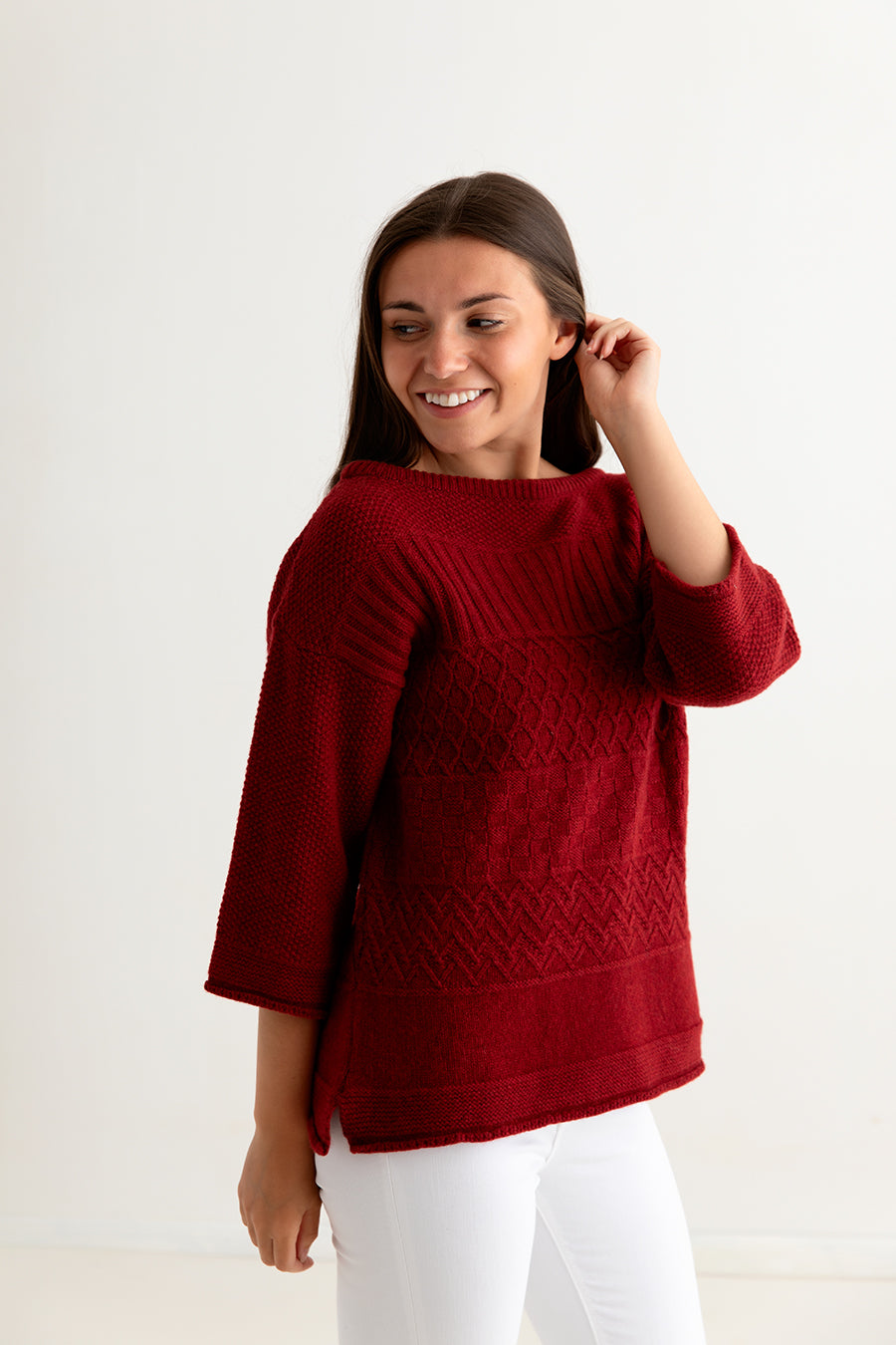 ladies red gansey guernsey jumper sweater lambs wool geelong side