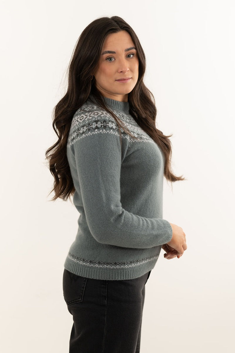 womens super fine lambs wool fair isle yoke sweater sage green