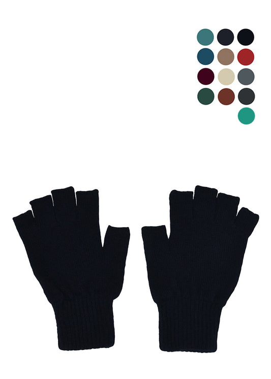 A pair of black fingerless knit gloves shown flat against a white background, with a small color-options circle chart in the upper right corner.