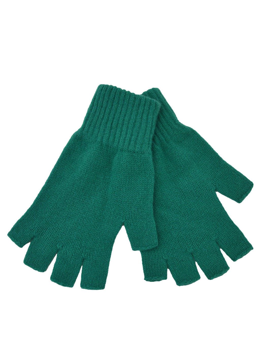 A pair of knitted lambswool fingerless gloves in sea green on a white background.
