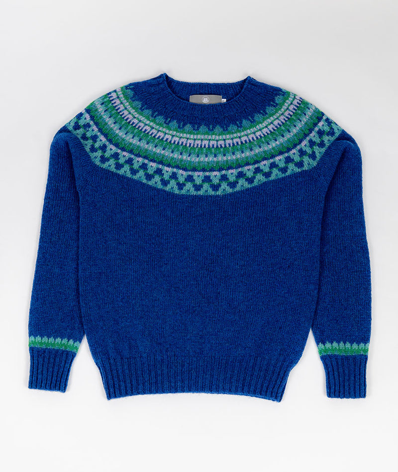 Cobalt blue wool womens fair isle jumper in our Lido Made