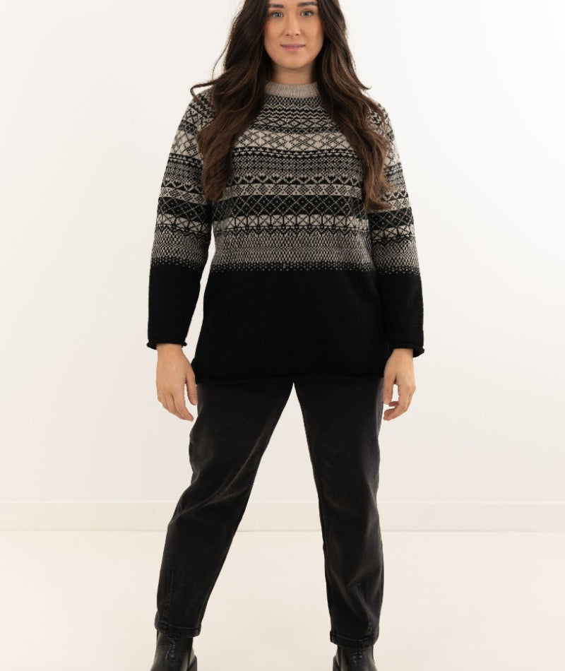 womens fair isle sweater long tunic black beige lace