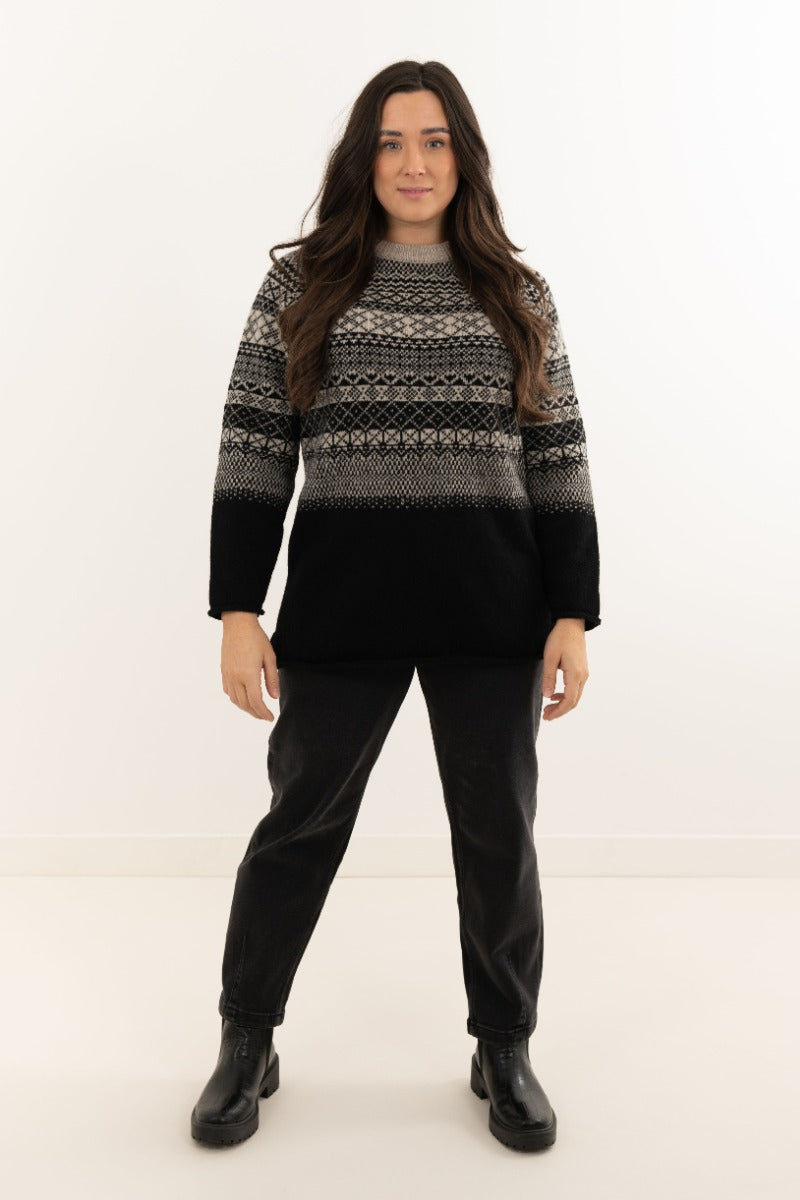 womens fair isle sweater long tunic black beige lace