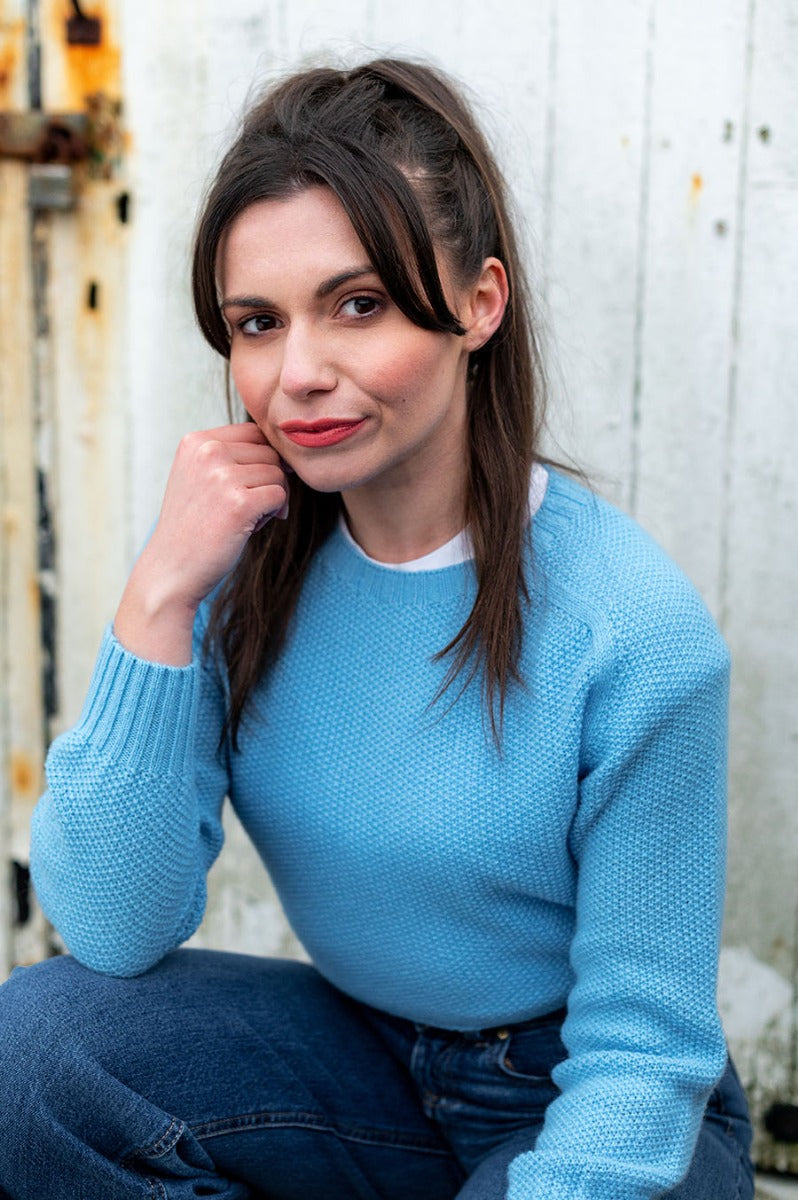 womens sky blue moss stitch jumper sweater lambs wool