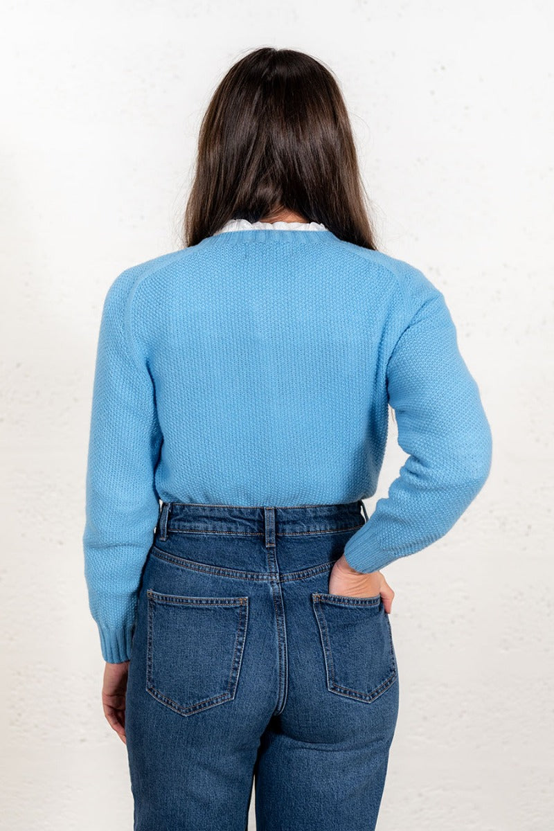 ladies sky blue moss stitch lambs wool jumper sweater fine geelong 