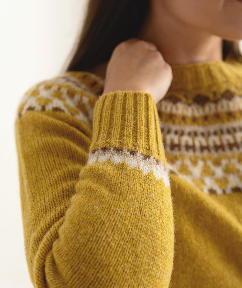 womens yellow fair isle jumper sweater mustard wool lido close up