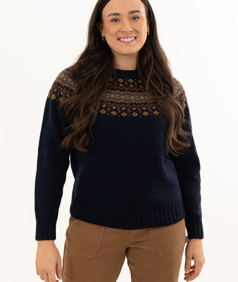 Womens navy blue fair isle donegal wool jumper sweater croft