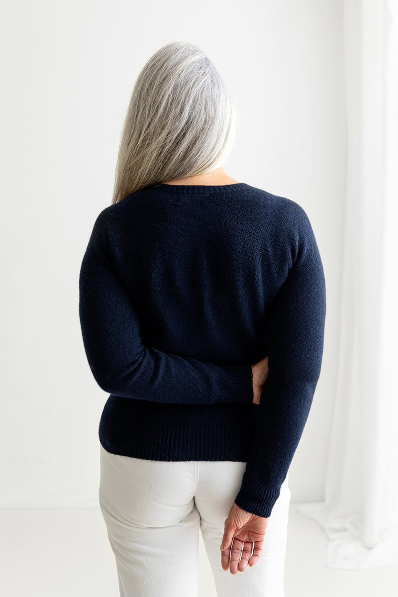 womens navy blue gansey cardigan back