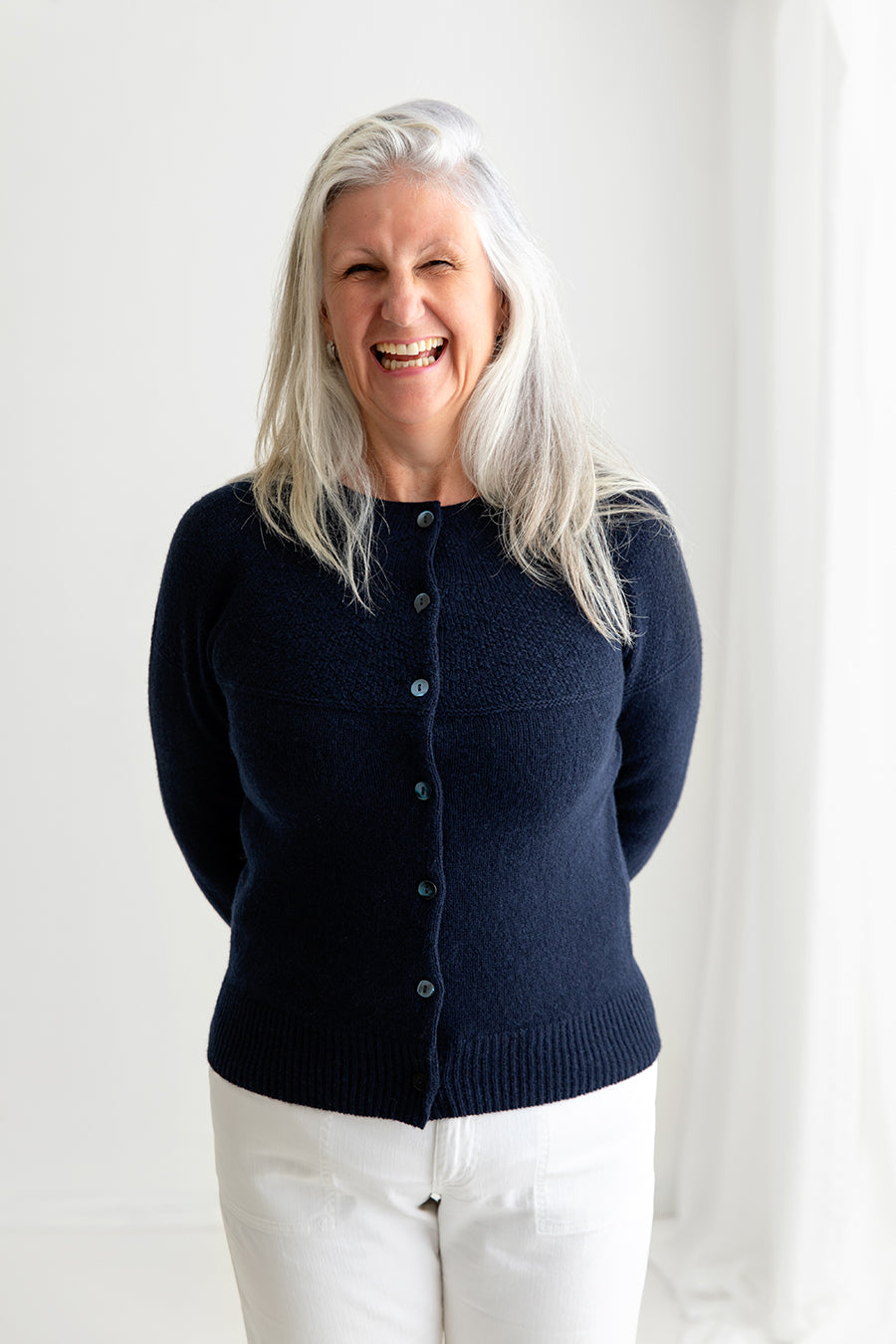 Womens Gansey Cardigan in Navy Blue Geelong Superfine Lambs wool
