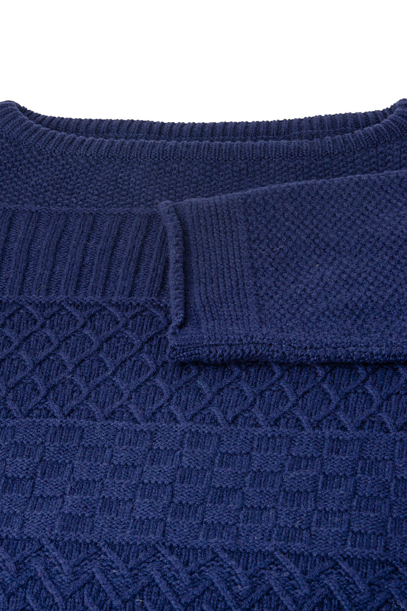 Womens navy blue gansey jumper sweater boat neck house close up