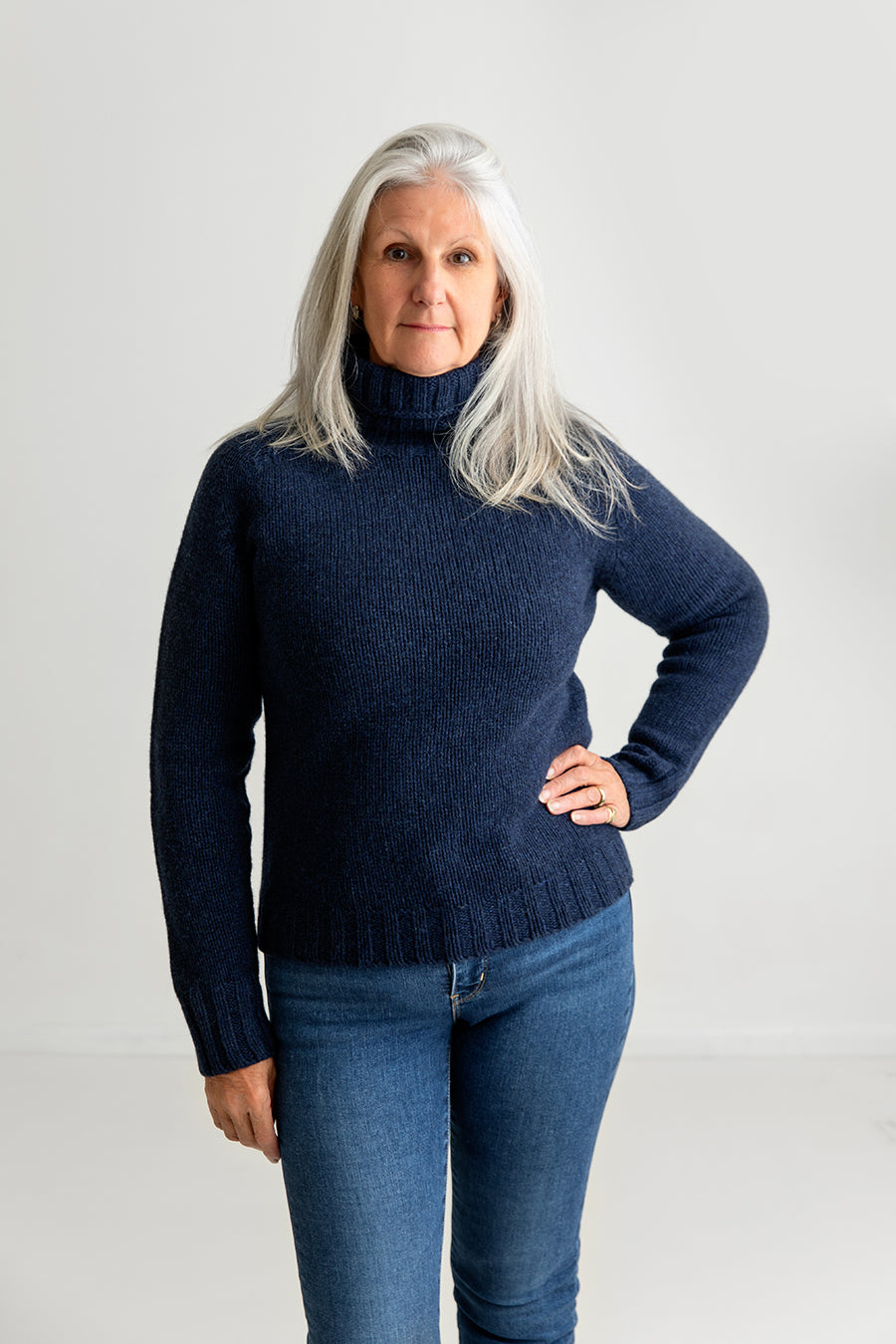 Womens Chunky Geelong Superfine Lambswool Polo neck Jumper in navy blue