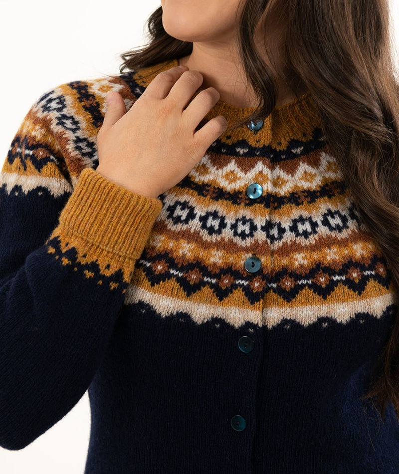 Womens navy blue shetland wool fair isle cardigan crathie