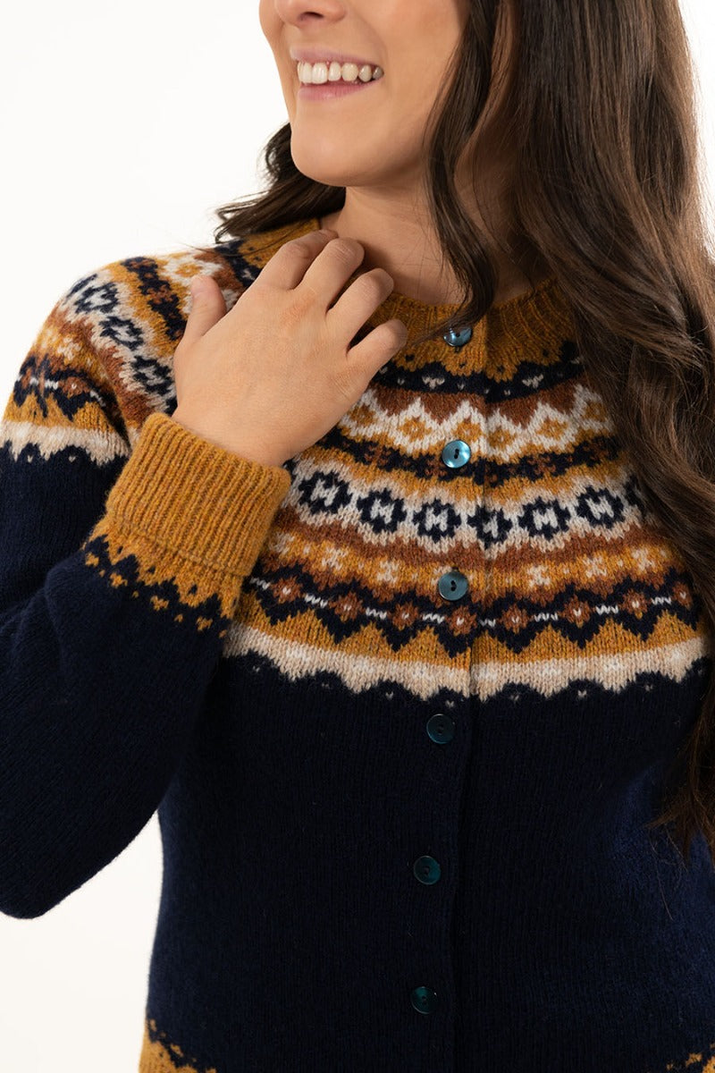 Womens navy blue shetland wool fair isle cardigan crathie