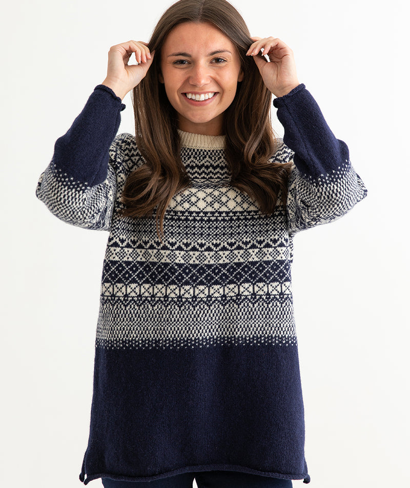Womens Lace Fair Isle Tunic Jumper navy - Main Image
