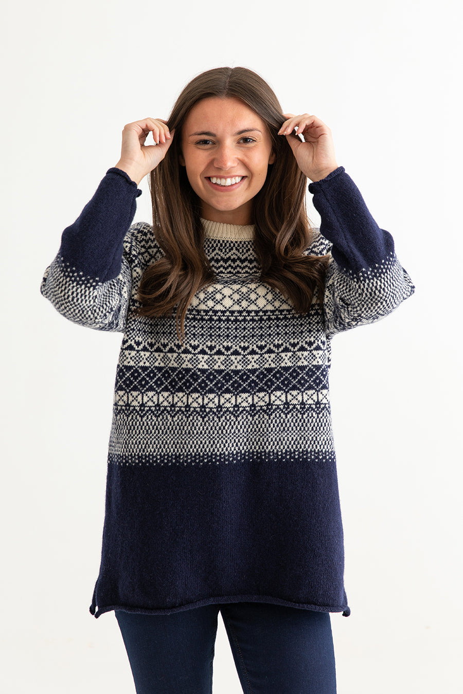 Womens Scottish Wool Lace Fair Isle Tunic Jumper in Navy
