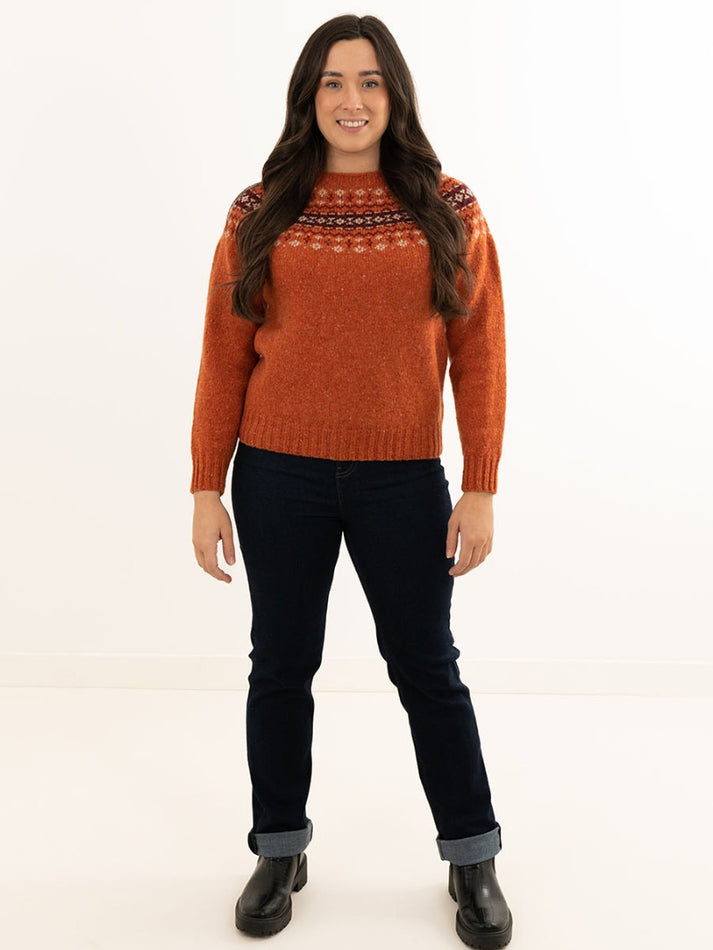 Womens Orange Fair Isle Jumper in Donegal Wool with Croft yoke pattern ...