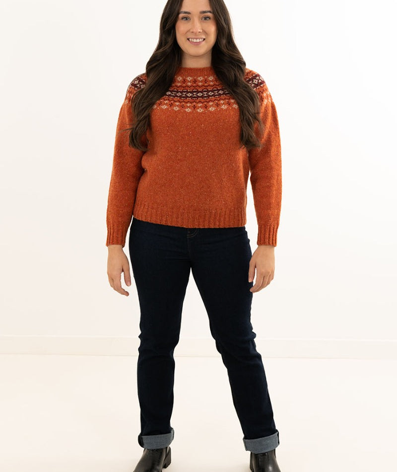 Womens Orange Fair Isle Jumper in Donegal Wool with Croft yoke pattern ...