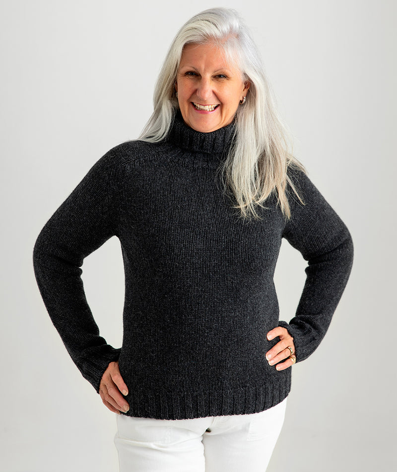 womens polo neck jumper sweater charcoal grey lambs wool geelong