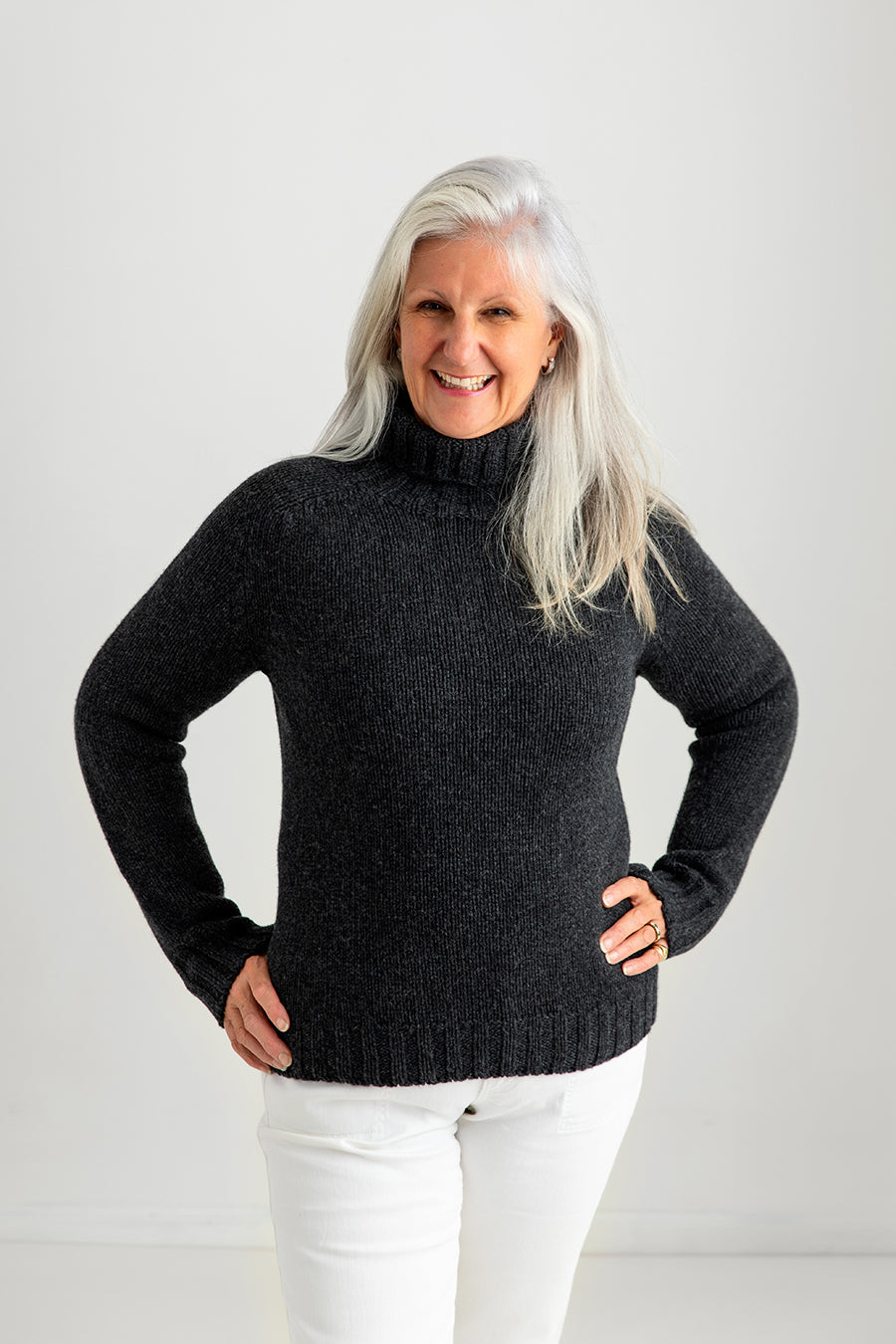 womens polo neck jumper sweater charcoal grey lambs wool geelong