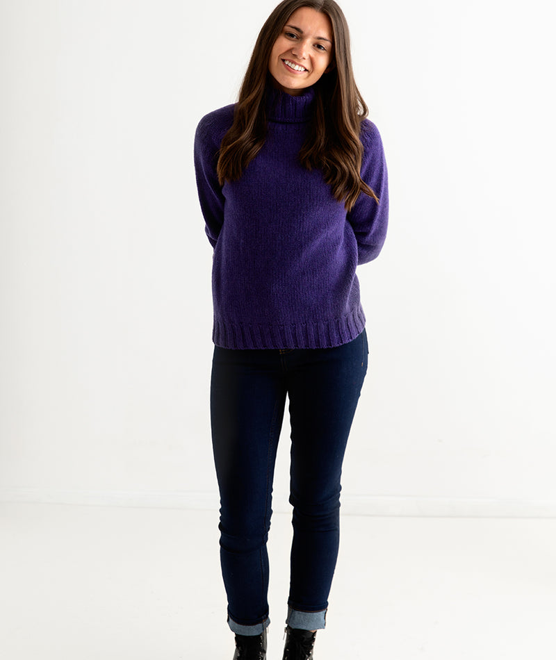 women purple polo neck jumper sweater chunky geelong lambs wool full