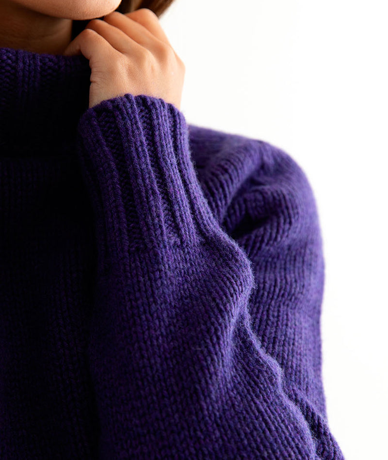 womens purple polo neck jumper sweater geelong lambs wool close up
