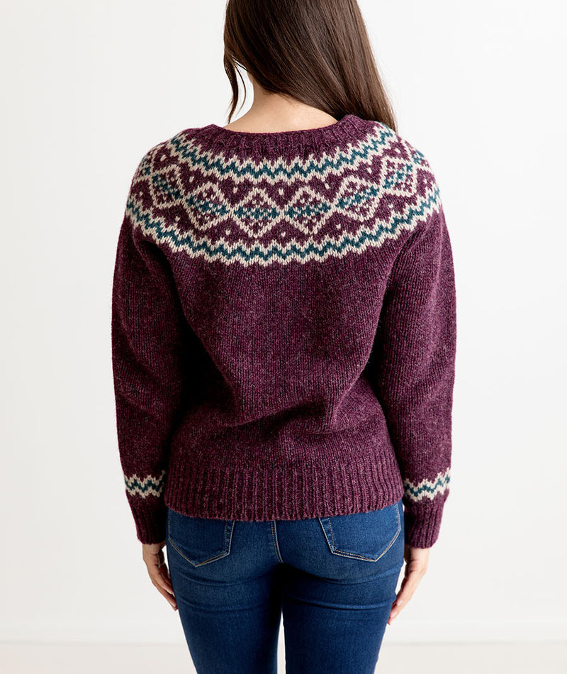 womens purple yoke fair isle jumper sweater chunky wool aubergine