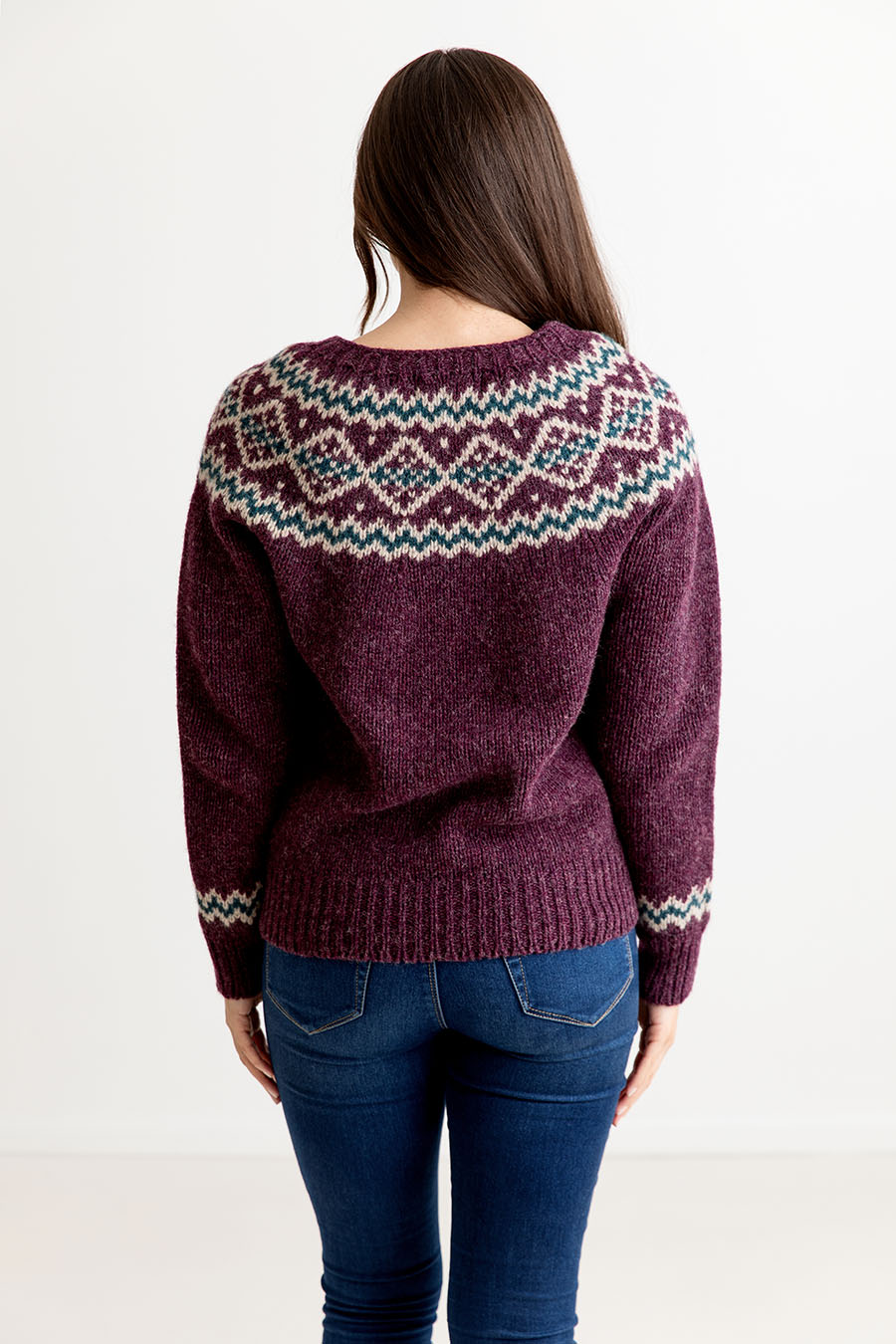womens purple yoke fair isle jumper sweater chunky wool aubergine