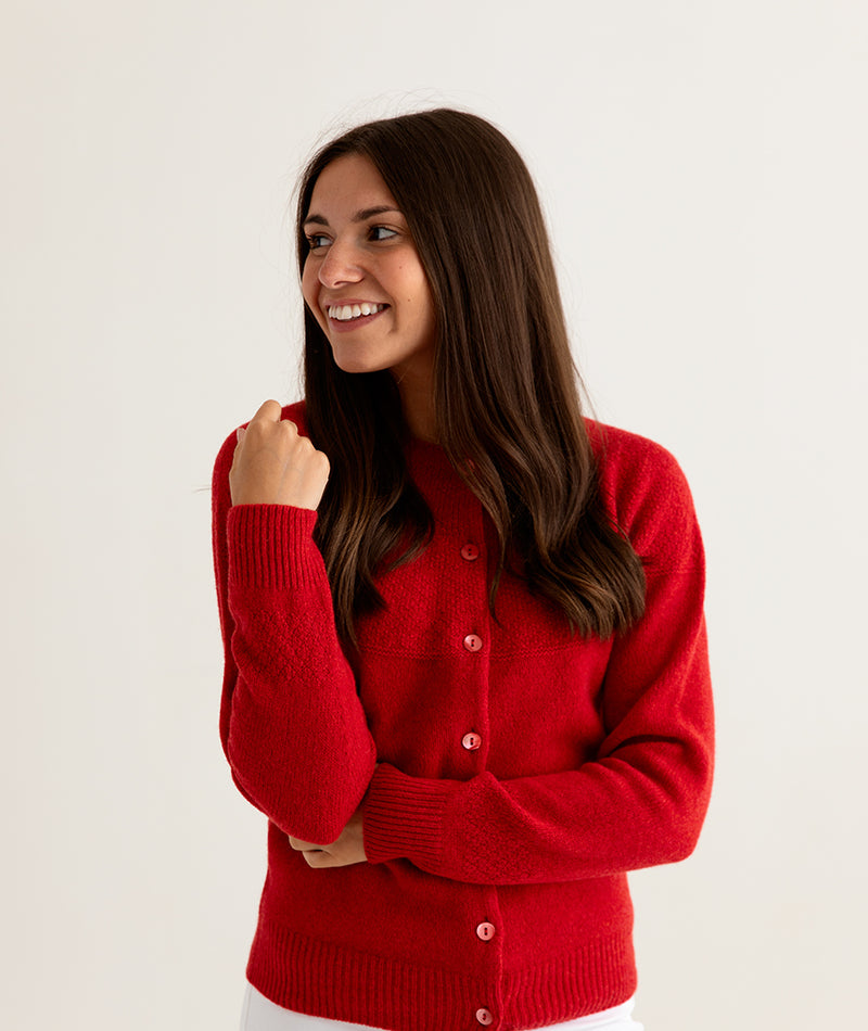 womens red gansey guernsey cardigan superfine lambs wool front