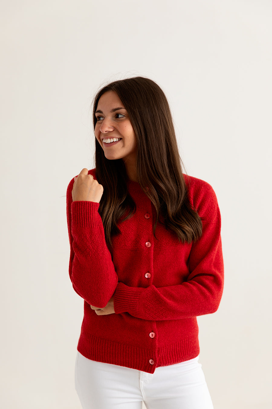 womens red gansey guernsey cardigan superfine lambs wool front