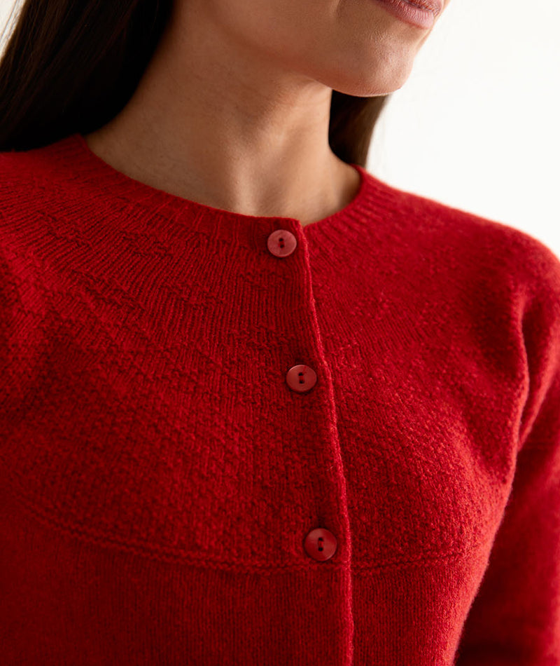 womens gansey guernsey cardigan red geelong superfine lambs wool close up