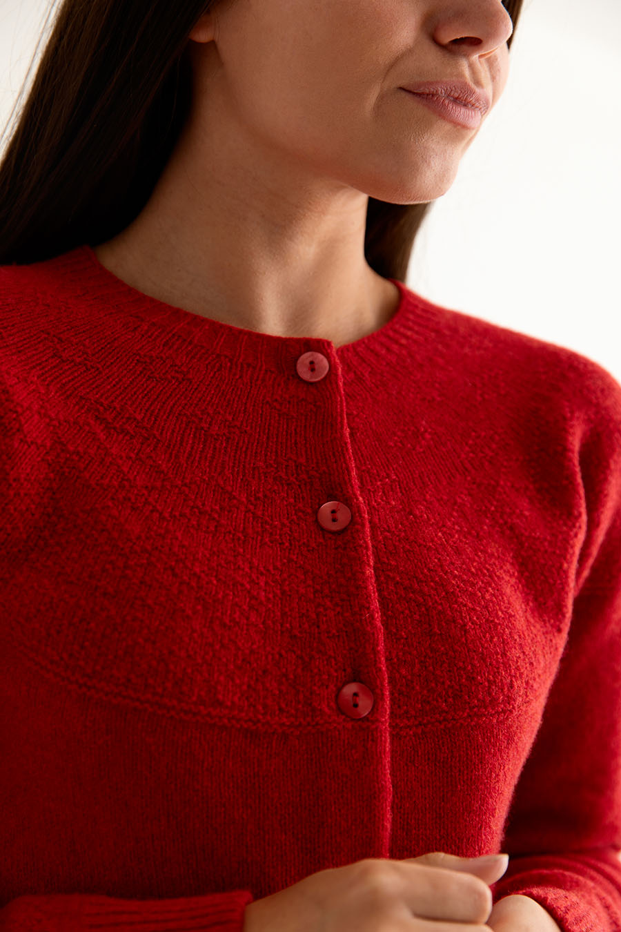 Womens Gansey Cardigan in Scarlet Red Geelong Superfine Lambs wool