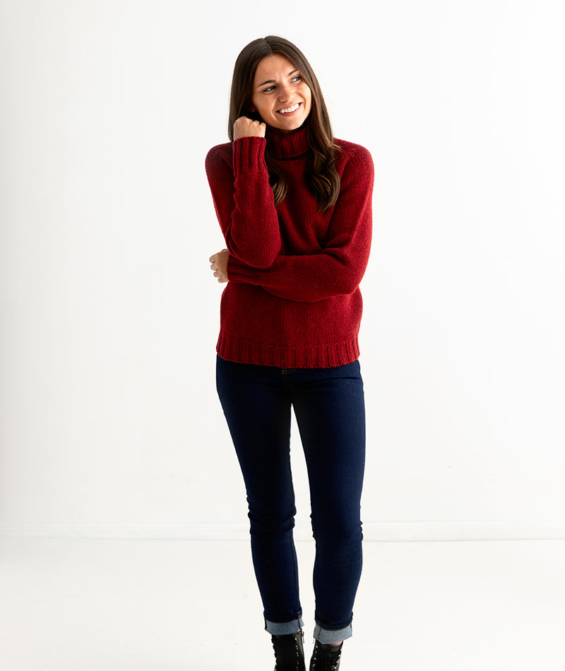 womens red polo neck jumper sweater chunky geelong lambs wool full