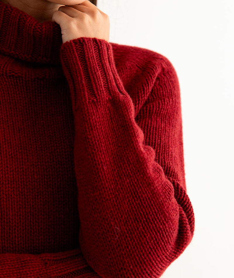 womens red polo neck jumper sweater fine geelong lambswool close up