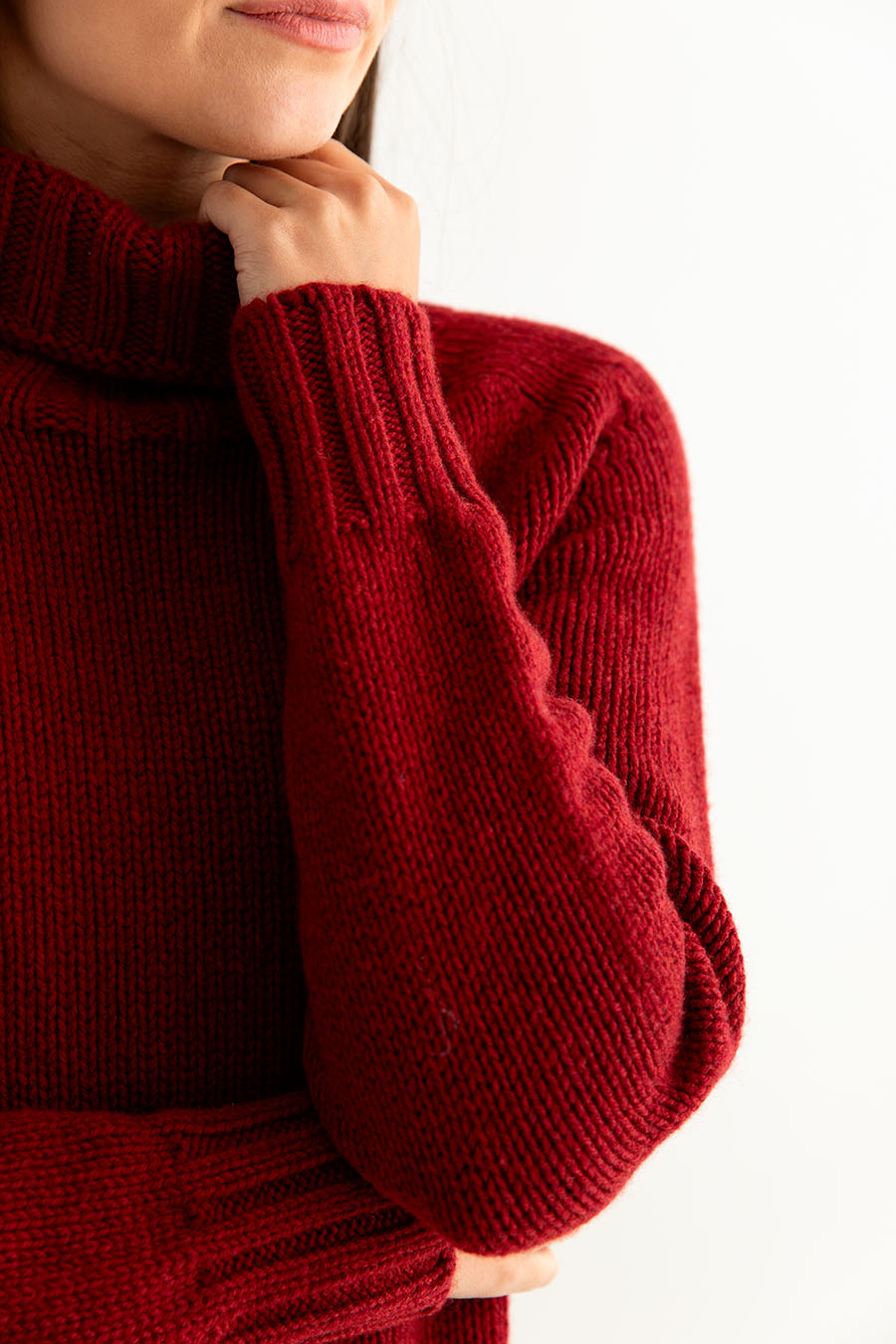 womens red polo neck jumper sweater fine geelong lambswool close up