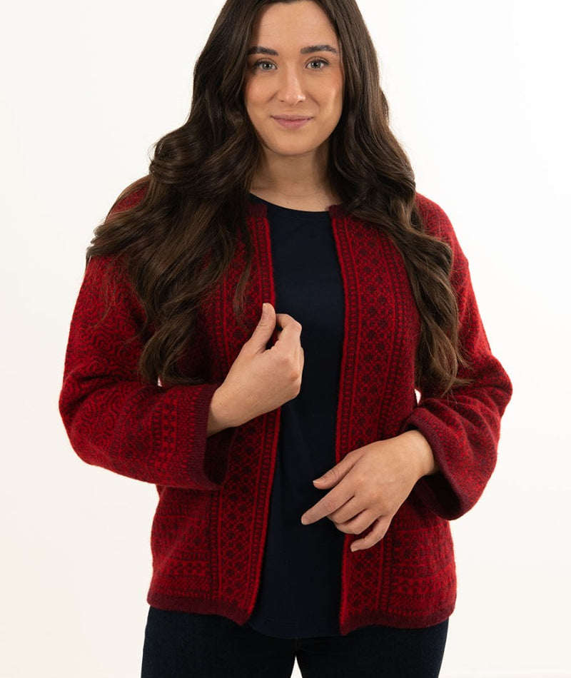 womens red wool fair isle cardigan kimono coatigan