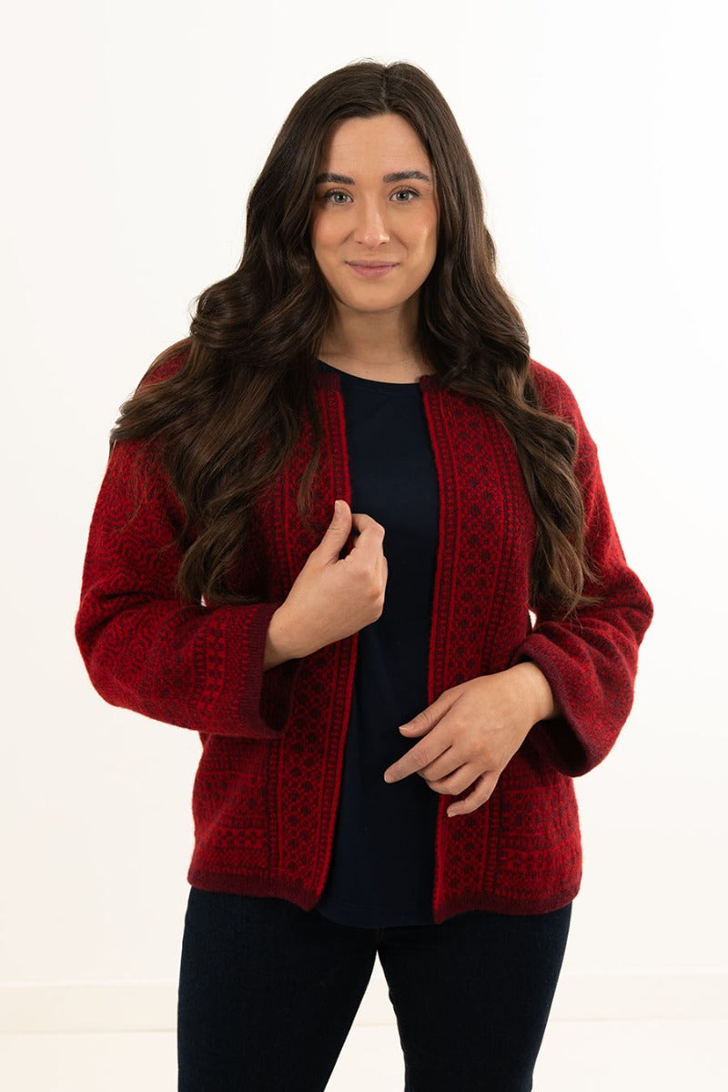 womens red wool fair isle cardigan kimono coatigan