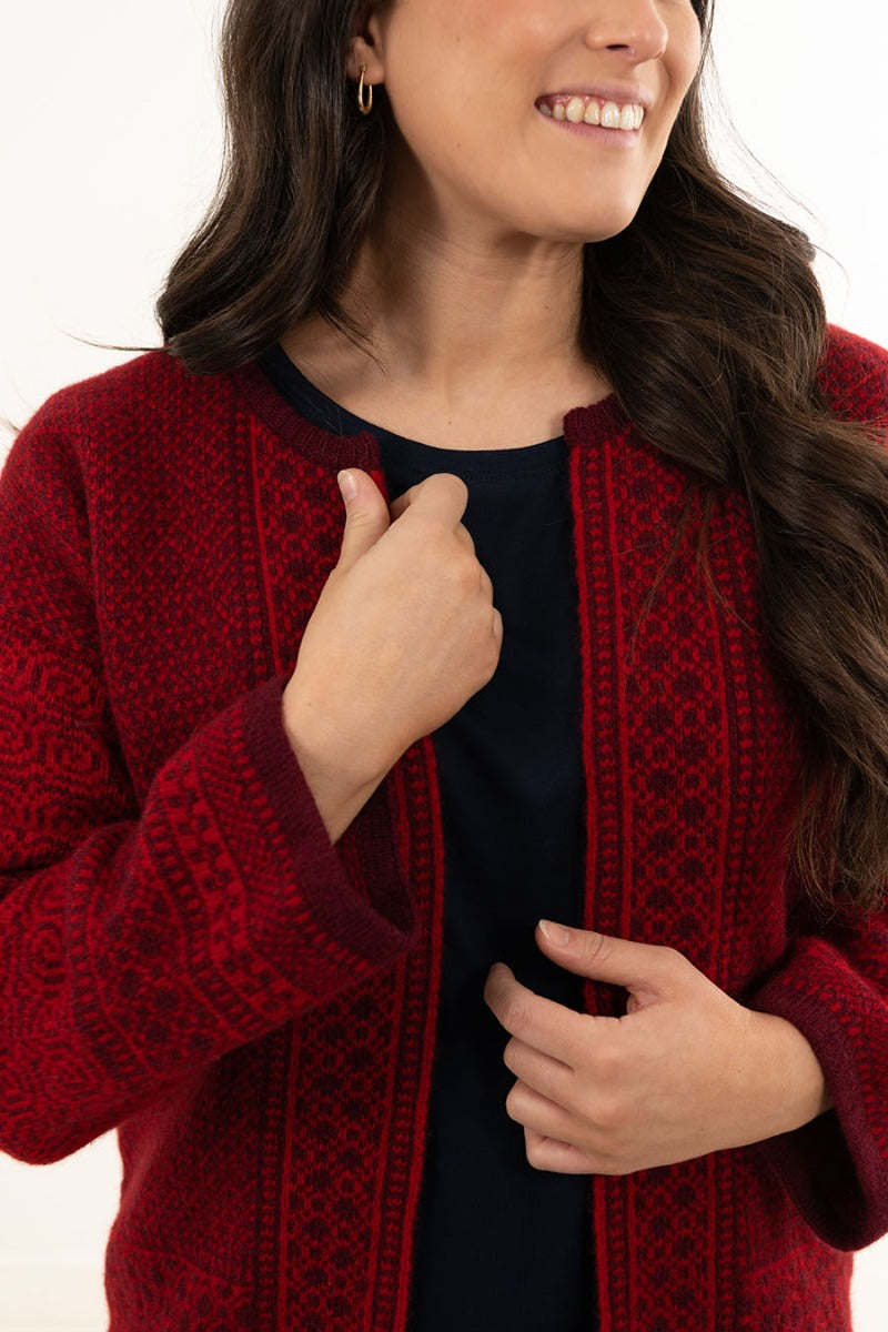 womens red wool fair isle cardigan sweater jacket kimono coatigan