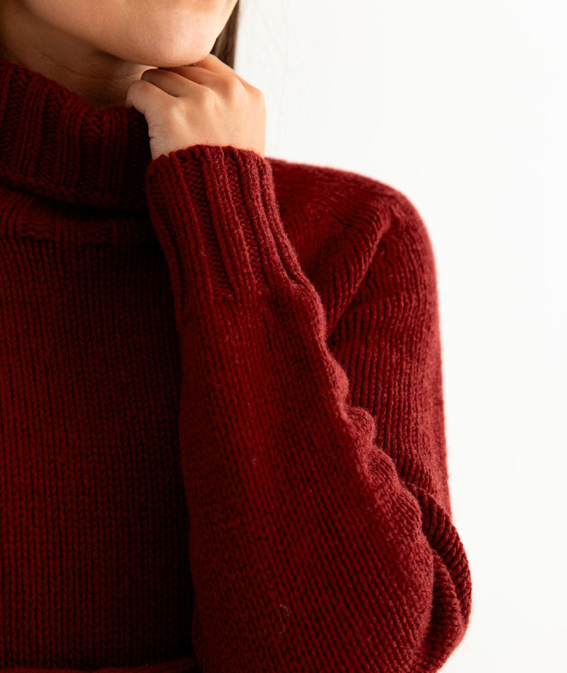 womens russet red polo neck jumper sweater fine geelong lambswool close up