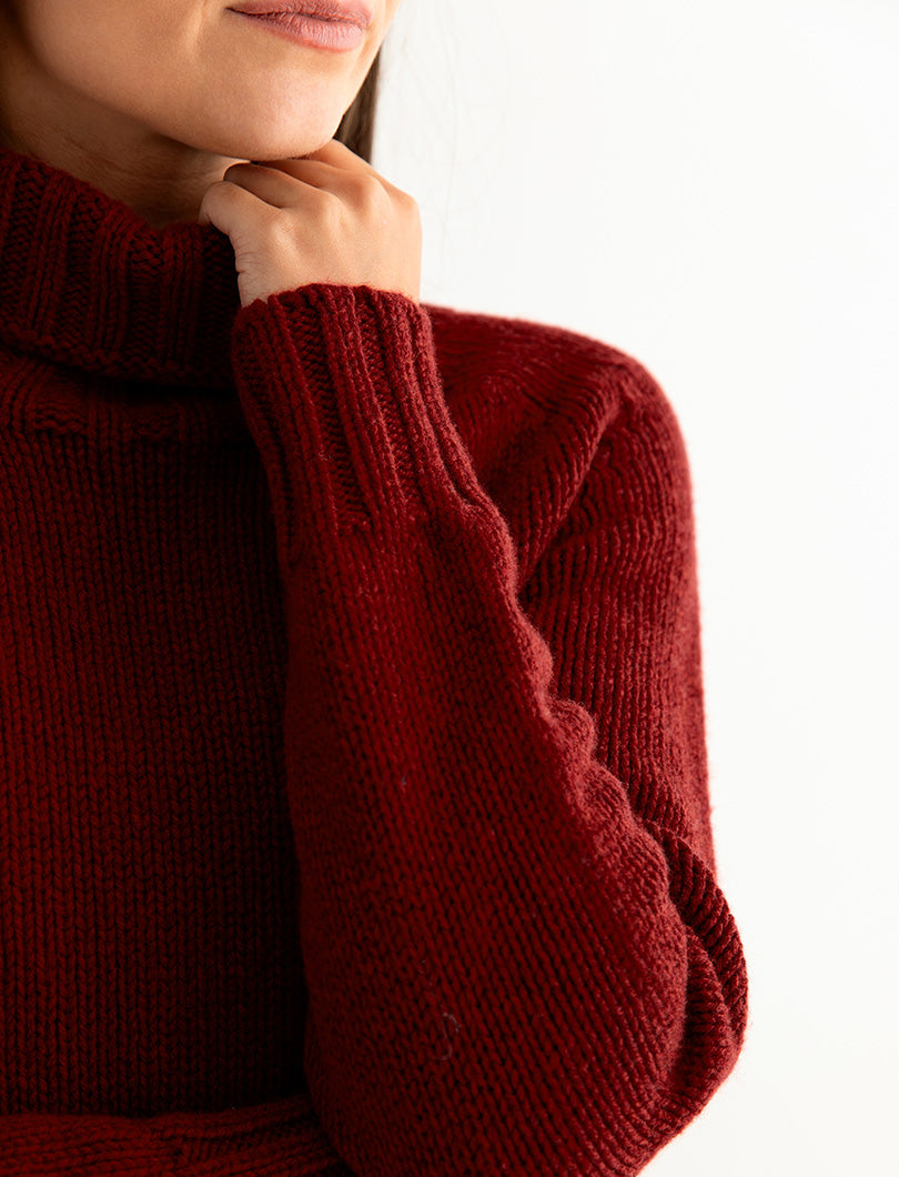 womens russet red polo neck jumper sweater fine geelong lambswool close up