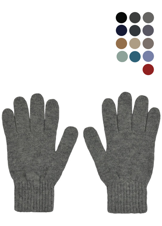 A pair of grey knit cashmere gloves shown flat against a white background, with a small color-options grid of circular swatches in the top right corner.