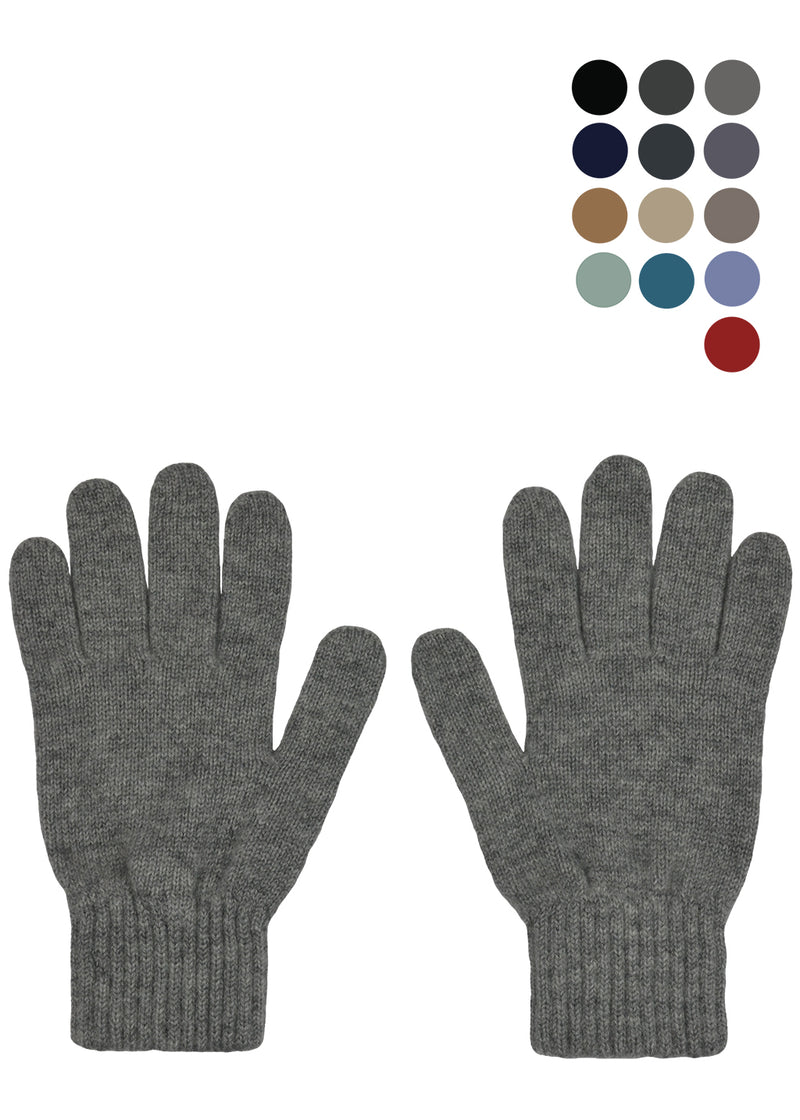 A pair of grey knit cashmere gloves shown flat against a white background, with a small color-options grid of circular swatches in the top right corner.