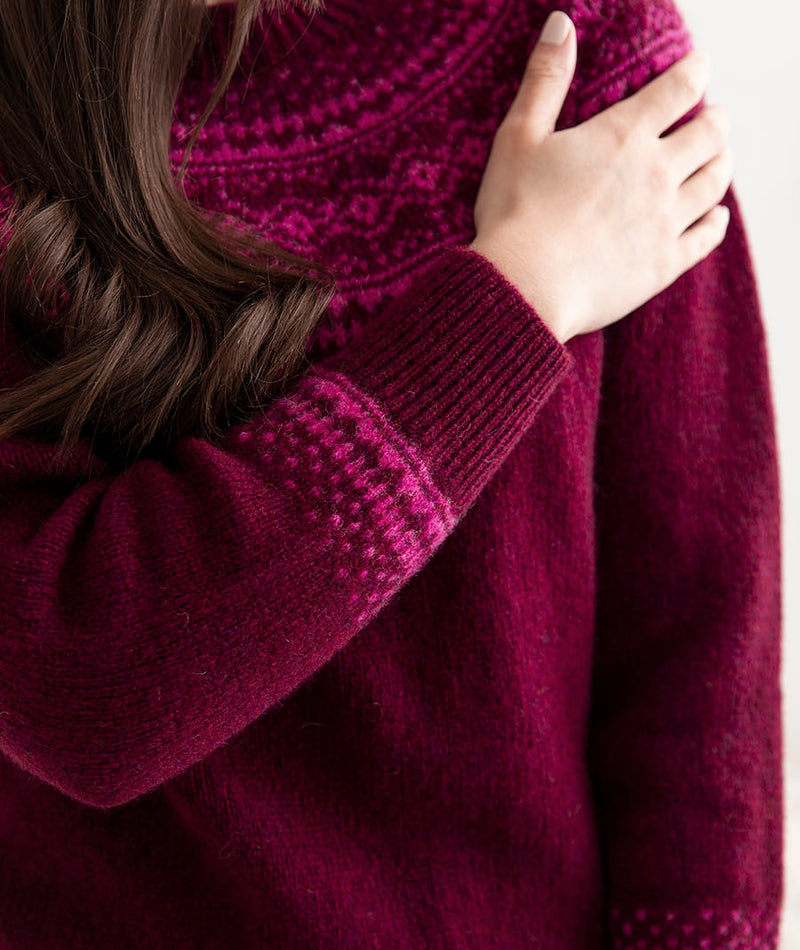 womens shetland wool burgundy beetroot wine fair isle jumper sweater aviemore