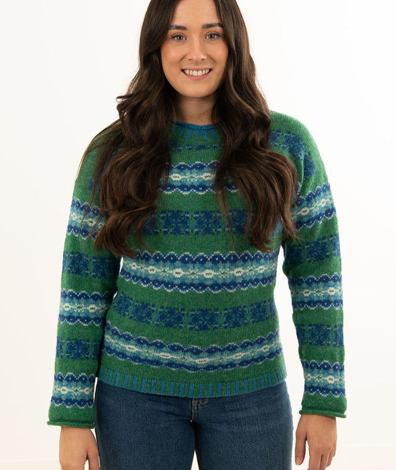 womens shetland wool fair isle jumper sweater green blue pitmedden