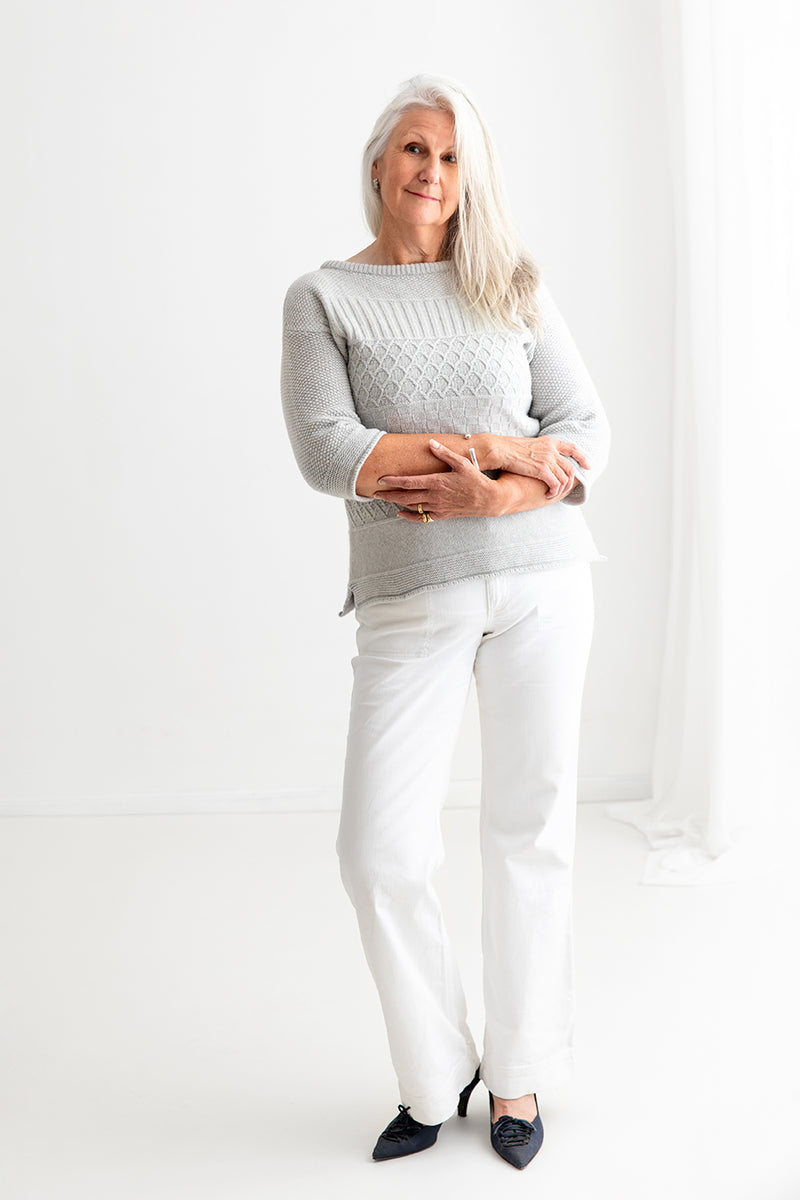 ladies silver grey gansey jumper sweater guernsey boat neck 