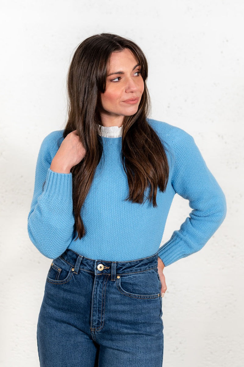 womens sky blue lambs wool moss stitch jumper sweater fine geelong ladies 