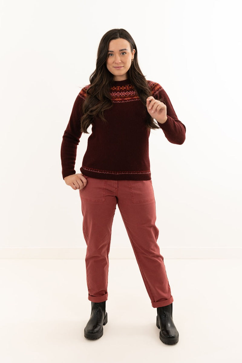 womens soft lambs wool fair isle jumper burgundy port sweater cairngorm