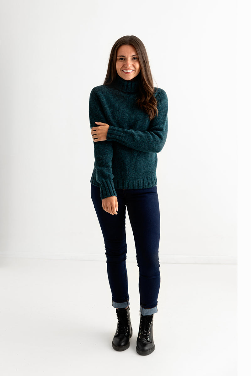 womens teal chunky polo neck jumper sweater lambs wool full